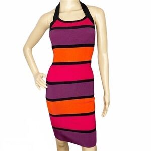 EXPRESS Pink, Purple & Orange Striped Bandage Halter Dress Size Small